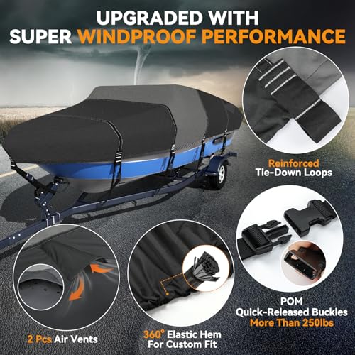 1600D+1200D V-Hull Boat Cover with 2-Inch Tie-Down Loops, Black, 16-18.5Ft