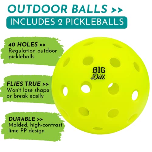 Big Dill Pickleball Paddle Set Fiberglass 2-Pack with Outdoor Balls & Carry Bag