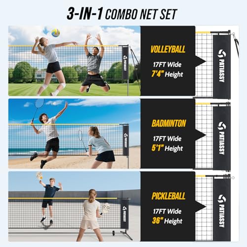 Patiassy Black 3-in-1 Volleyball, Badminton & Pickleball Net Set with Adjustable Heights