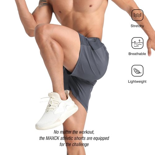 MAXCK 2 Pack Mens Lightweight Athletic Running Shorts 5'' Quick Dry Gym Workout Shorts with Zipper Pockets Black/Dark Grey,Large