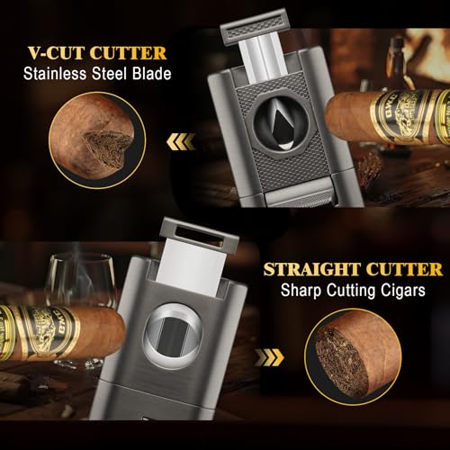 XIFEI 6-in-1 Cigar Lighter with Straight & V-Cut Cutter, Dual Punch & Stand - Gray