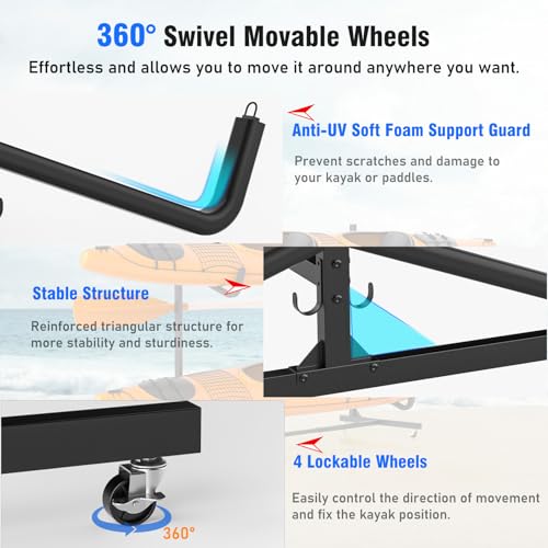 LLDDHHWW 4-Kayak Freestanding Storage Rack with Wheels, Adjustable Steel Canoe & Paddle Organizer