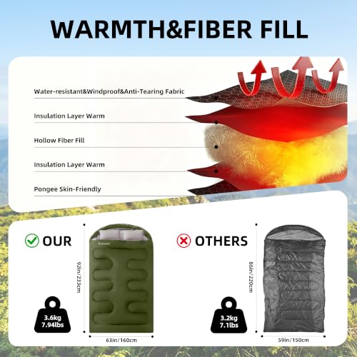 Green Double Sleeping Bag for Adults with 2 Pillows, Queen Size Camping Gear