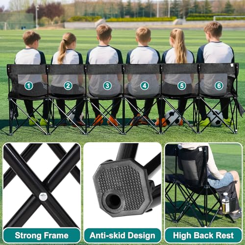 1MORE Soccer Bench Portable Folding Team Bench 6 Seats with Backrest Black