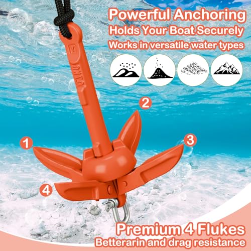 Orange Folding Grapnel Anchor Kit for Kayaks - 1.5 lb with 40ft Rope and Accessories