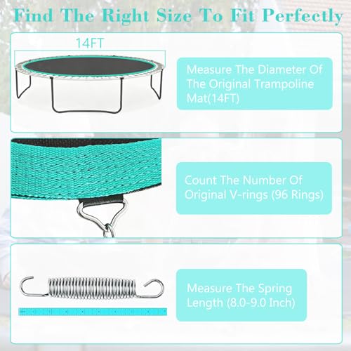 DEIFRE 14FT Trampoline Replacement Mat with 96V-Rings & 8.5-9.0" Springs, UV-Resistant