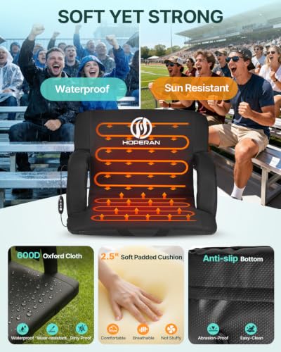 23-Inch Heated Stadium Seat with Back Support, Black | USB Power & Adjustable Tilt