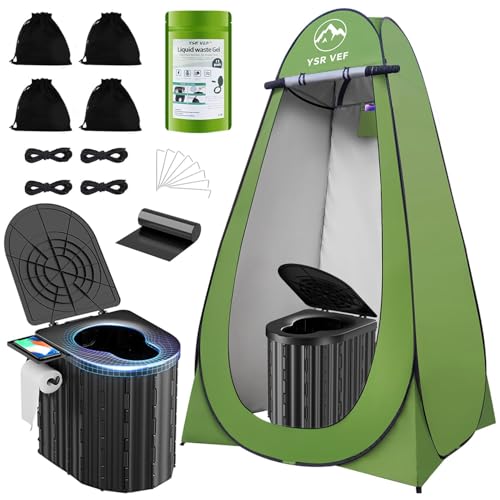Portable Camping Toilet with Privacy Tent & Liquid Waste Gel - Black & Green