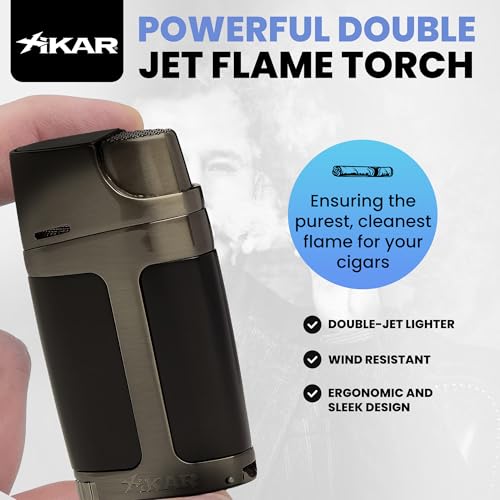Refillable Double Jet Flame Cigar Lighter with 9mm Punch & Adjustable Flame - Black with Gunmetal