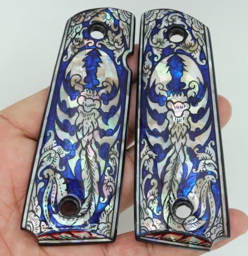 1911 Pistol Grips with Blue Mother of Pearl Art Works - Full Size Fits Colt Kimber Springfield Remington Taurus
