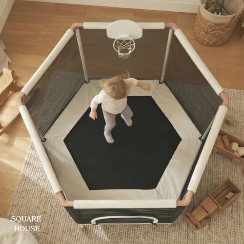 Square House 60-inch Kids Indoor & Outdoor Trampoline with Safety Net & Basketball Hoop