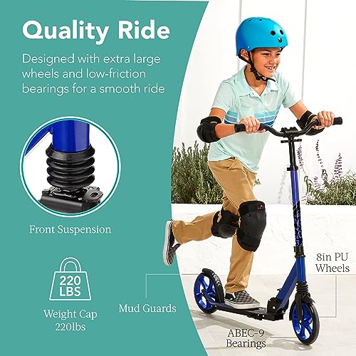 Kids & Teen Foldable Kick Scooter with Large Wheels & Suspension - Blue