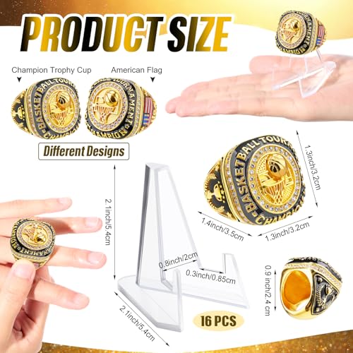 Basketball Championship Rings Bulk with Holder - 16 Pieces Award Gift