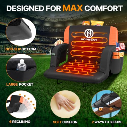 HOPERAN 25" Super Wide Heated Stadium Seat with Back Support - Orange, 2-Piece