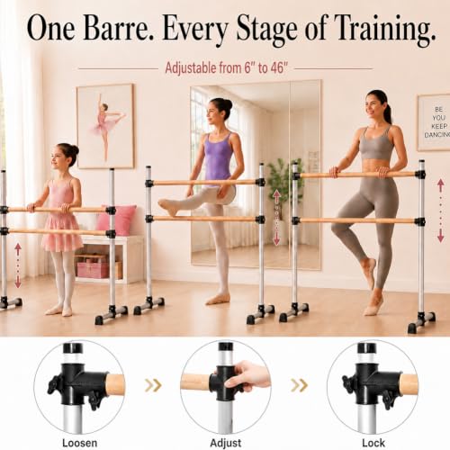 UMEKEN Solid Wood Ballet Barre - 4ft Adjustable Portable Dance Bar for Home & Studio
