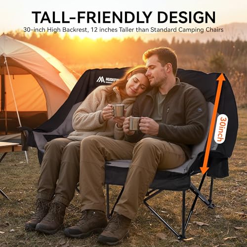 Huskfirm Double Camping Chair Black - 2 Person Low Seat with Cup Holders