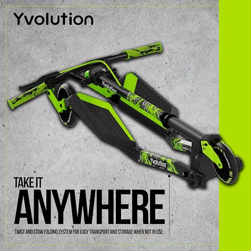 Yvolution Y Fliker Lift Drift Scooter Green - 3-Wheel Self-Propelling Kids & Teens Ride, 360° Spinning Handles, Foldable, Ages 7+