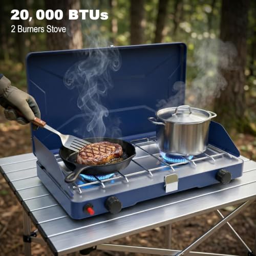 Portable Camping Stove with 2 Burners - Propane Gas Cooktop, Windshield & One-Touch Ignition