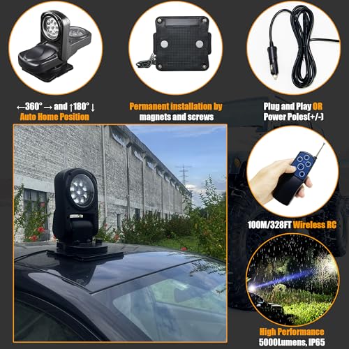 LuxBang 45W 4500LM LED Remote Search Light for Trucks & Marine 360° Rotating, 12-24V Permanent Mount