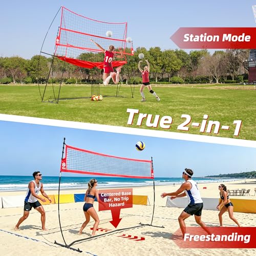 JOLORLY 12x11 ft Red Volleyball Practice Net Station - Adjustable Height, Backyard Training System