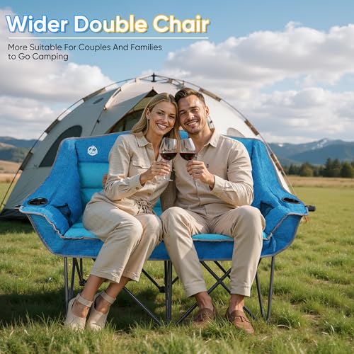 Oversized Double Camping Chair with Cup Holders & Carry Bag - Blue - Supports 600lbs - Fully Padded Loveseat - Heavy Duty Folding Duo Seat Variation L