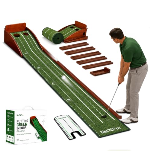 Indoor Golf Putting Mat 10ft with Auto Ball Return, 2 Holes & Wood Frame