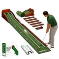 Indoor Golf Putting Mat 10ft with Auto Ball Return, 2 Holes & Wood Frame