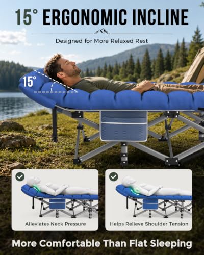 XXL Folding Camping Cot with Mattress - 32in Heavy Duty Portable Bed for Adults, Blue