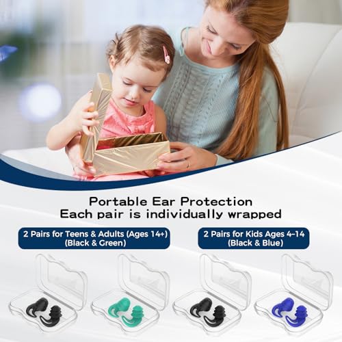 Swimming Ear Plugs for Adults & Kids 4 Pairs Silicone Water Protection - Black & Green Blue Variations