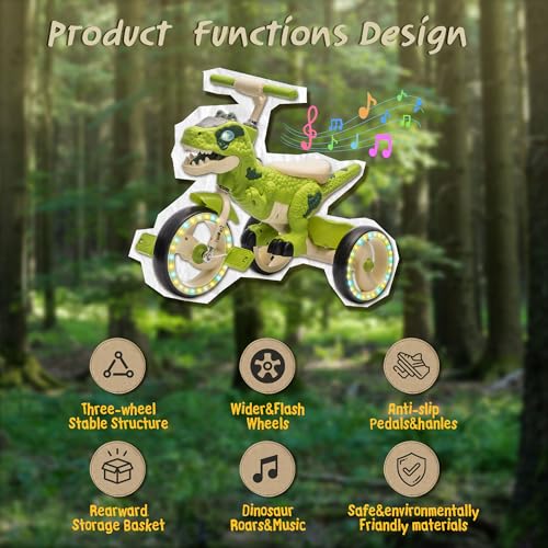 Kids Dinosaur Tricycle for 3-6 Year Olds with LED Flash Wheels & Storage Basket - Green