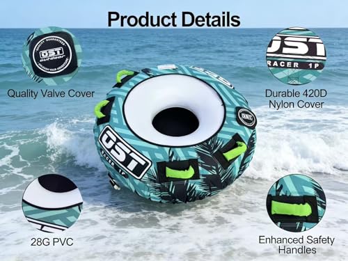 OST Outdoor Racer 1P Towable Tube for Boating - Inflatable Water Tube with Heavy-Duty PVC & Nylon Cover, 4 Handles, Quick Connect System