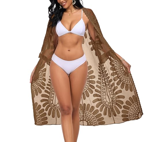 Women's Lace Beach Coverup Kimono Cardigan - One Size Brown