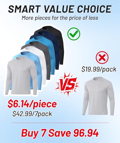 Men's Long Sleeve Sun Protection Base Layer Shirts - 7 Pack Light Drey & Colors
