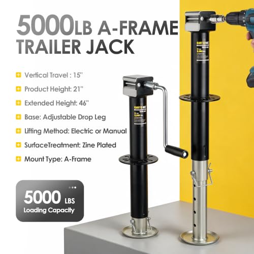 GARTOWEE 5000lbs A-Frame Trailer Jack with Cordless Drill Compatibility, 15-Inch Lift & Adjustable Drop Leg for Trailers, RVs & Boats