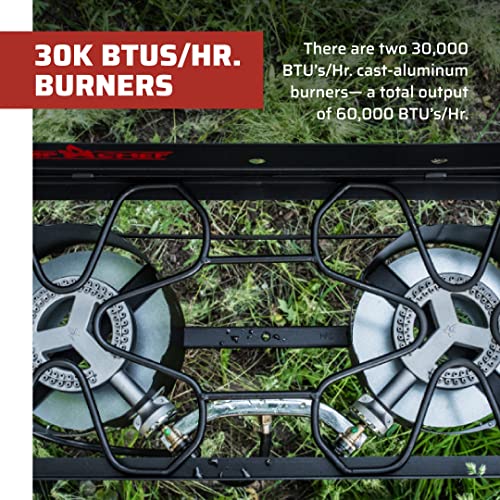 Camp Chef Explorer Two Burner Stove - 30,000 BTU Cast-Aluminum Camping Cooktop, Portable with Windshield