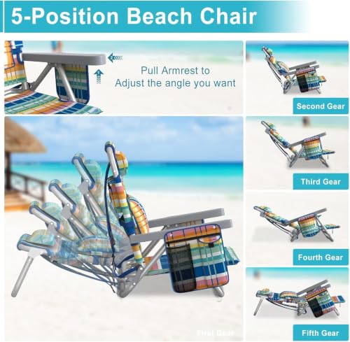 Suteck 5-Position Adjustable Foldable Beach Chair with Cooler Bag - Blue & Yellow