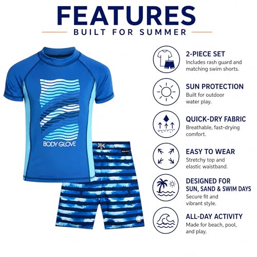 Body Glove Boys 2-Piece Swim Set Rash Guard & Trunks - Blue Waves, Size 4-12