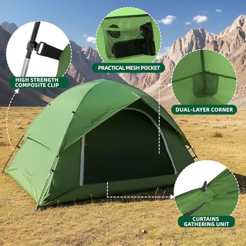 Green Waterproof 2-Person Camping Tent - Easy Setup Backpacking Tent