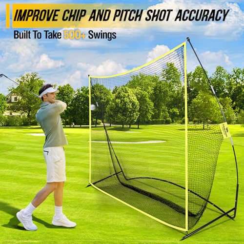 PodiuMax Yellow 10x7ft Golf Practice Net with Noise-Reducing Silk Target, Stable & Durable for Backyard & Indoor Golf Training