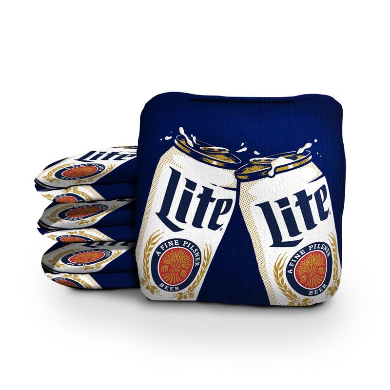 Patriotic Miller Lite Cornhole Bags Set – 8 Resin-Filled, Dual-Sided Pro-Style 6x6, Licensed Beer Flag Design
