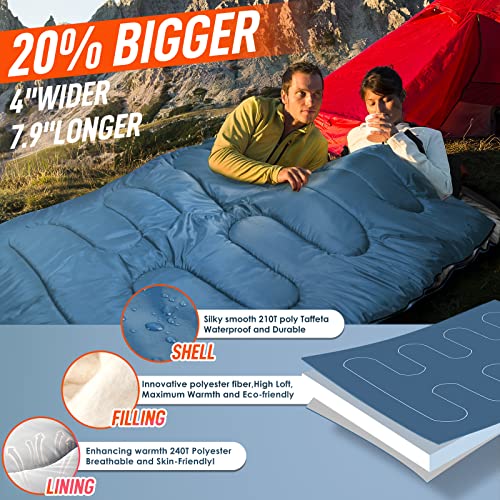 MEREZA Double Sleeping Bag for Adults XL Queen Size with Pillow, All-Season Camping & Hiking, Blue & Gray