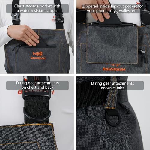 Men's Breathable Waterproof Denim Waders - Large, Stocking Foot, Black for Fishing & Hunting