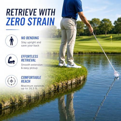 White 9 Ft Golf Ball Retriever with Stainless Steel Shaft & Rubber Grip