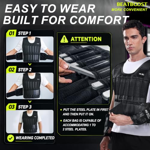 Black 20lb Adjustable Steel Weight Vest for Men - BeatBoost