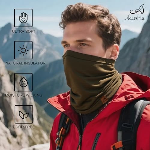 Green Merino Wool Neck Gaiter for Men & Women Winter Ski Face Mask Scarf