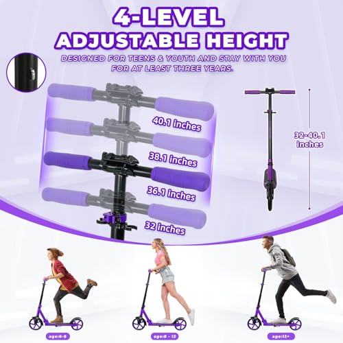 Nattork Adjustable Purple Kids & Teen Kick Scooter - Lightweight Folding