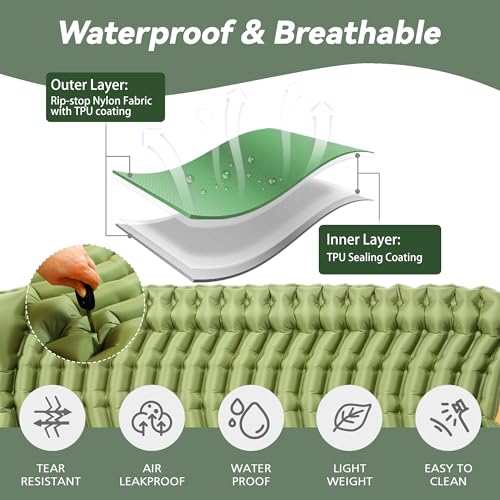 Olive Green Double Camping Sleeping Pad with Pillow & Built-in Foot Pump - 4 Inch Thick
