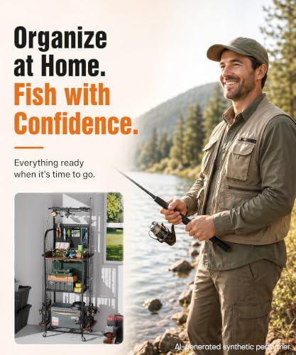 Fishing Rod Storage Rack with Shelves & Accessories Organizer