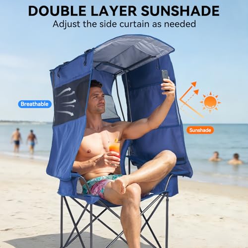 Huskfirm Camping Chair with Canopy Shade - Blue, UPF 50+ Sun Protection