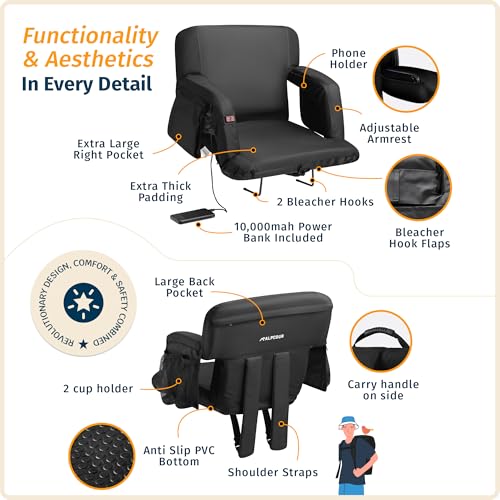 Alpcour 25-Inch Wide Heated Stadium Seat with Back Support, Armrests & Pockets
